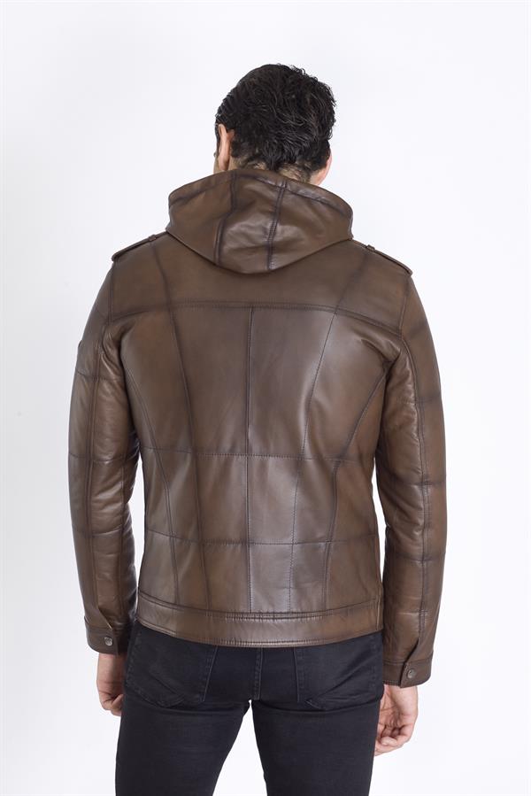 Kahve Kapşonlu Kuzu Deri Mont