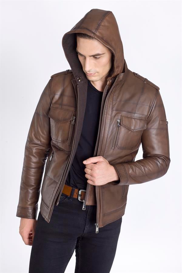 Kahve Kapşonlu Kuzu Deri Mont