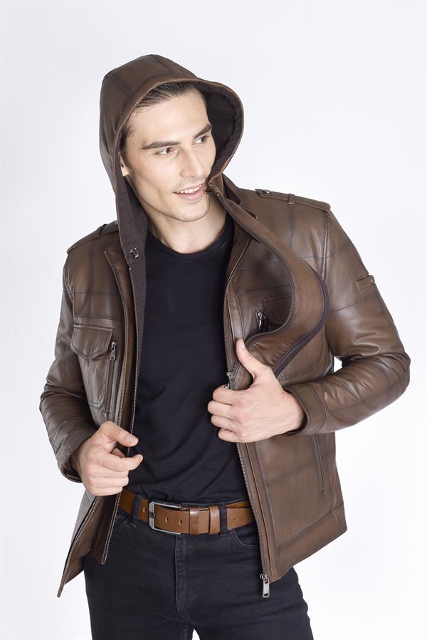 Kahve Kapşonlu Kuzu Deri Mont