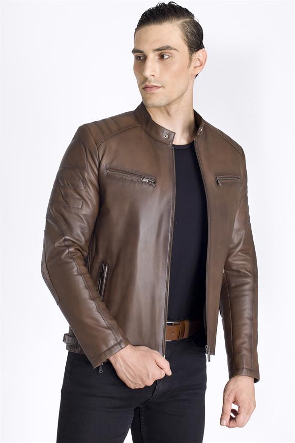 Kahve Slim Fit Gerçek Deri Mont