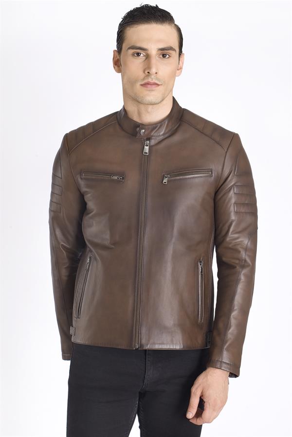 Kahve Slim Fit Gerçek Deri Mont