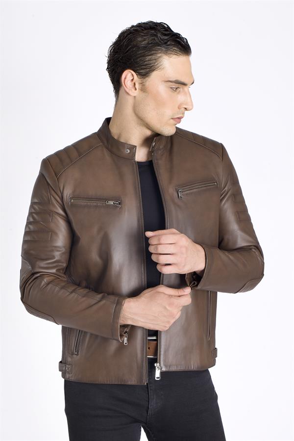 Kahve Slim Fit Gerçek Deri Mont