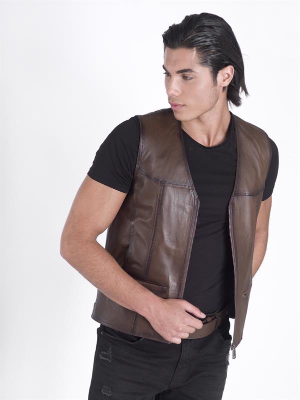 Kahverengi Hakiki Deri Yelek