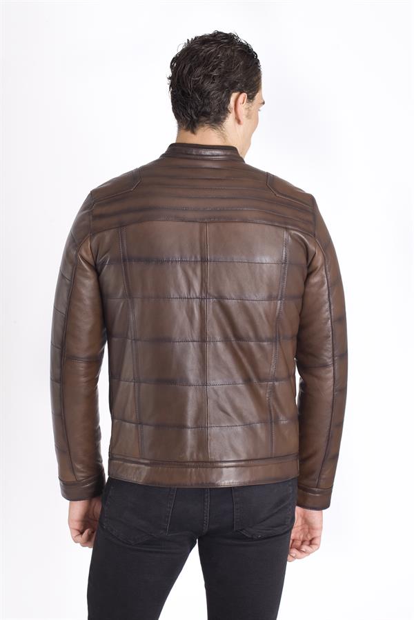 Kahverengi Spor Erkek Şişme Deri Mont