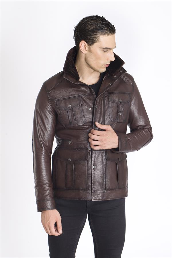 Kapaklı Cep Kışlık Hakiki Deri Mont