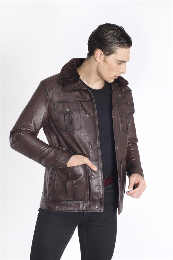 Kapaklı Cep Kışlık Hakiki Deri Mont