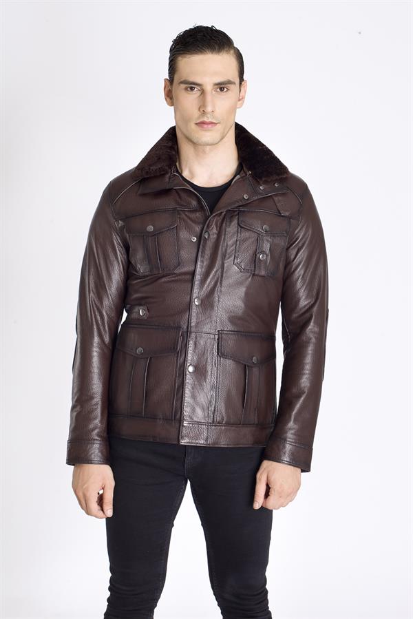 Kapaklı Cep Kışlık Hakiki Deri Mont