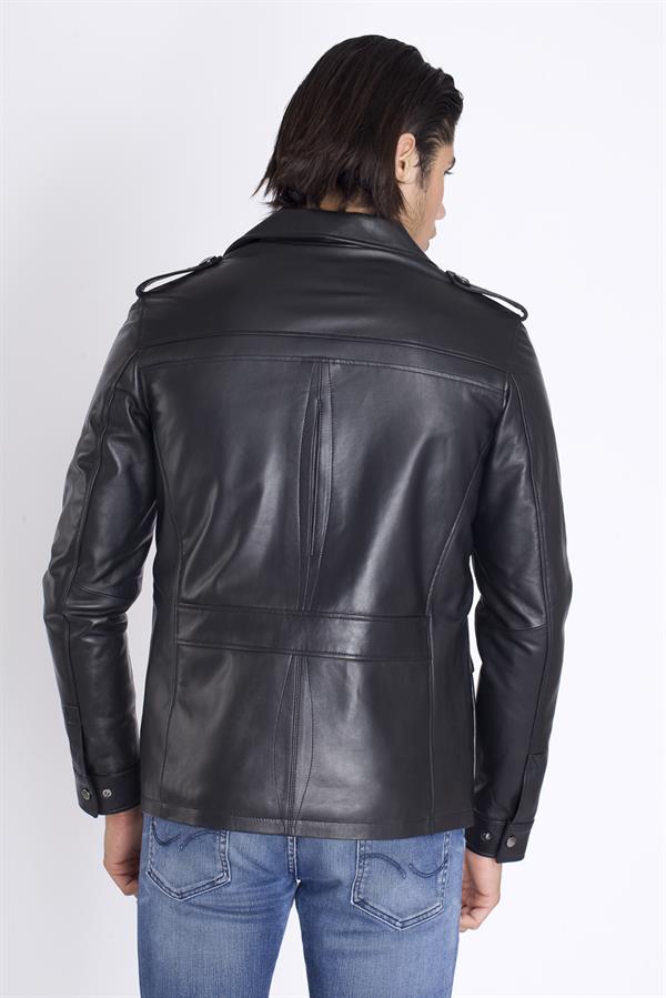 Kapaklı Cep Siyah Deri Ceket