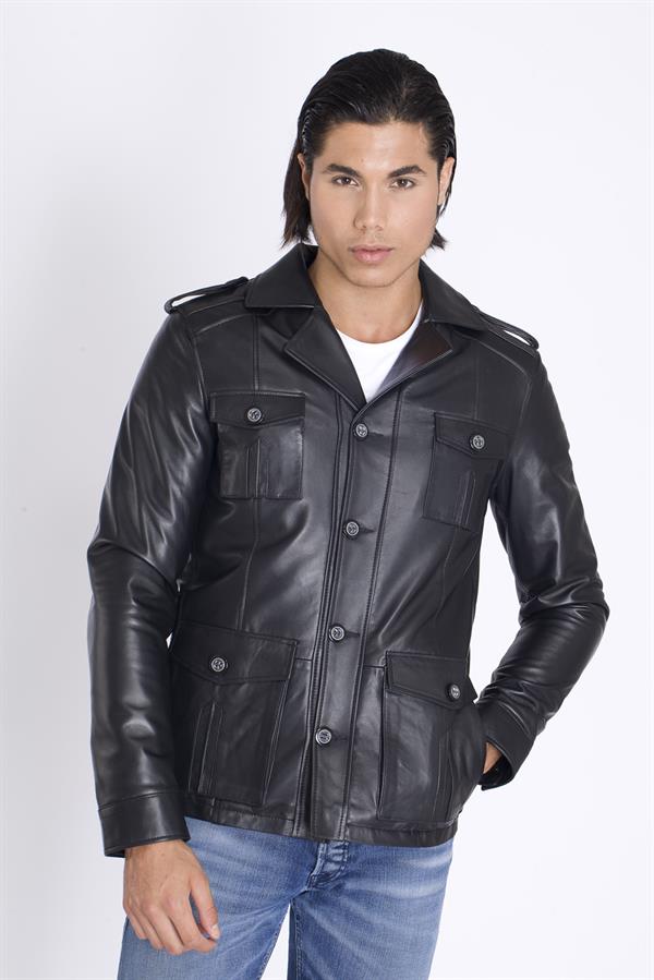 Kapaklı Cep Siyah Deri Ceket