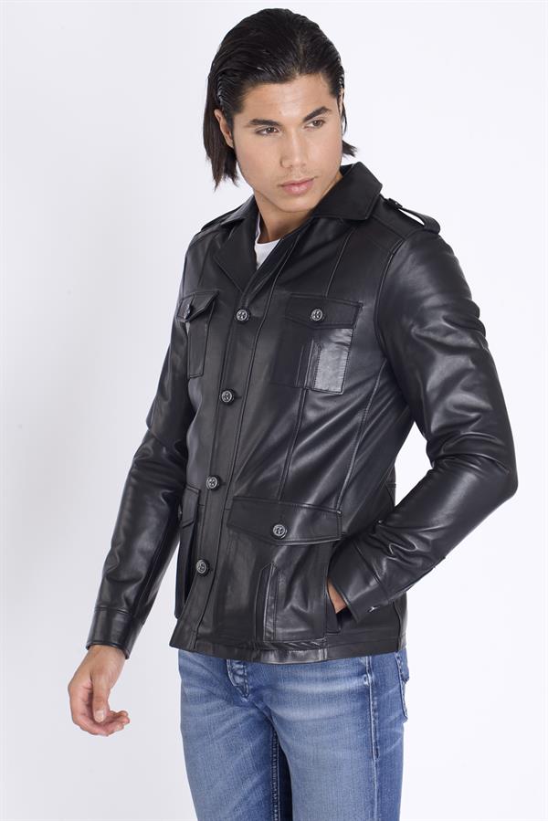 Kapaklı Cep Siyah Deri Ceket