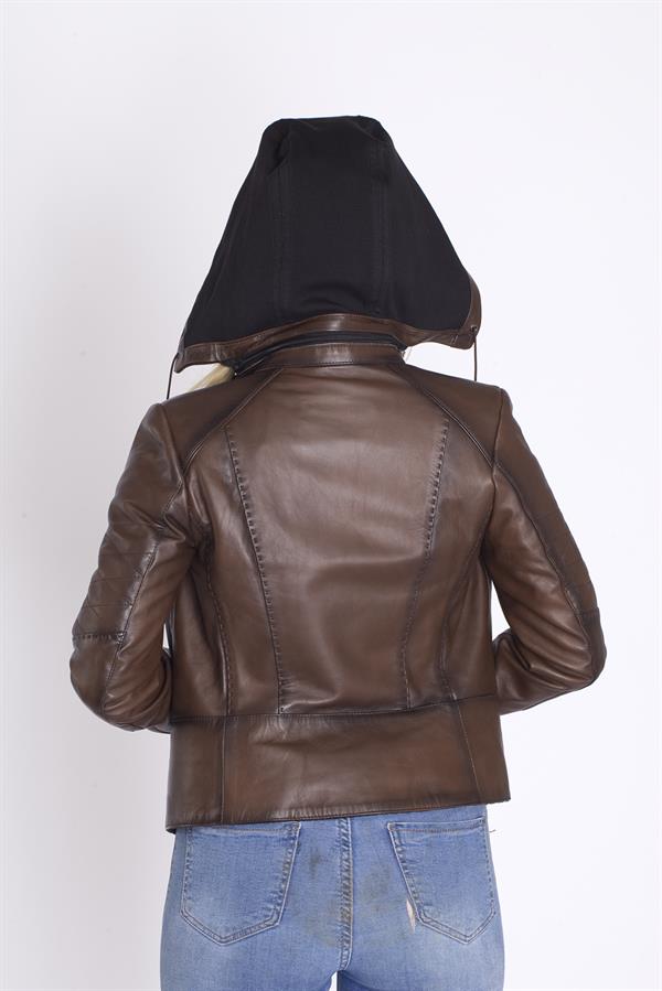 Kapşonlu Bayan Orijinal Deri Mont