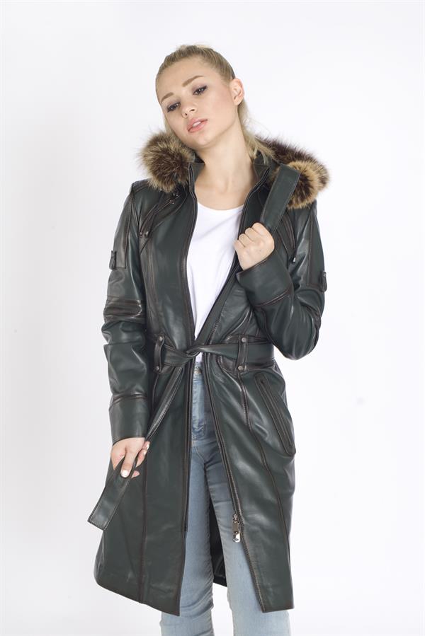 Kapşonlu Hakiki Deri Kaban