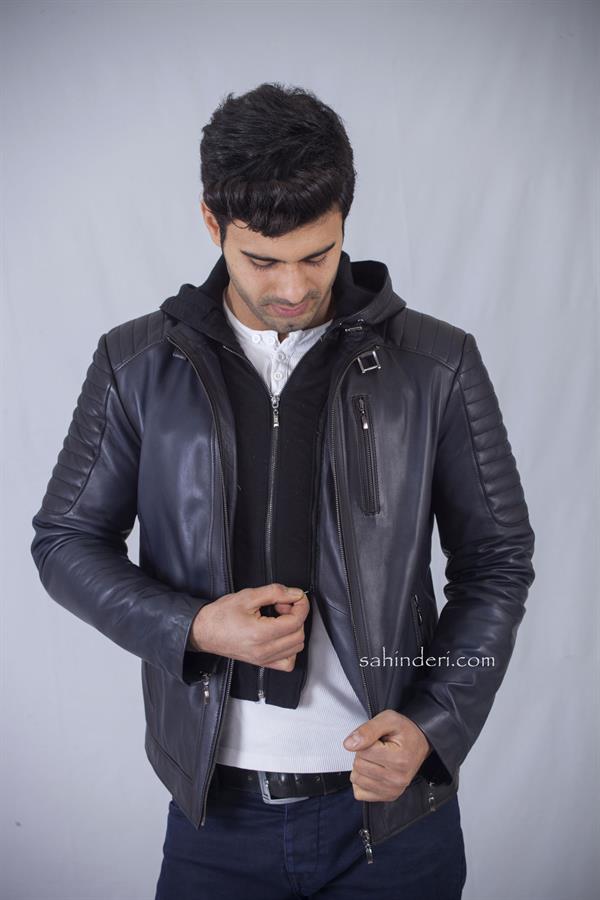 Kapşonlu Lacivert Kışlık Kuzu Deri Mont