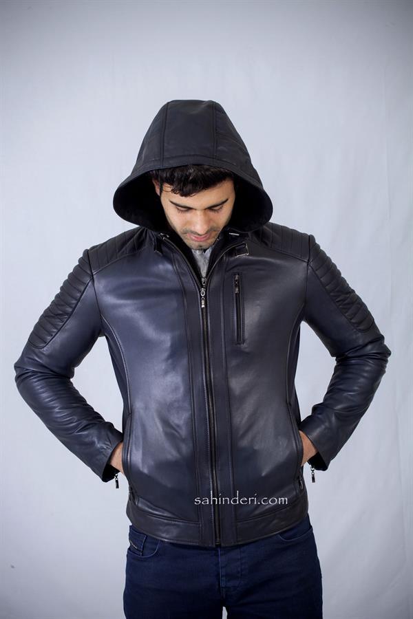 Kapşonlu Lacivert Kışlık Kuzu Deri Mont