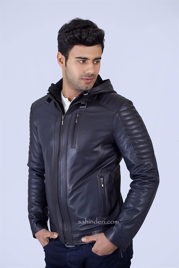 Kapşonlu Lacivert Kışlık Kuzu Deri Mont