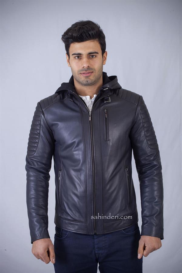 Kapşonlu Lacivert Kışlık Kuzu Deri Mont