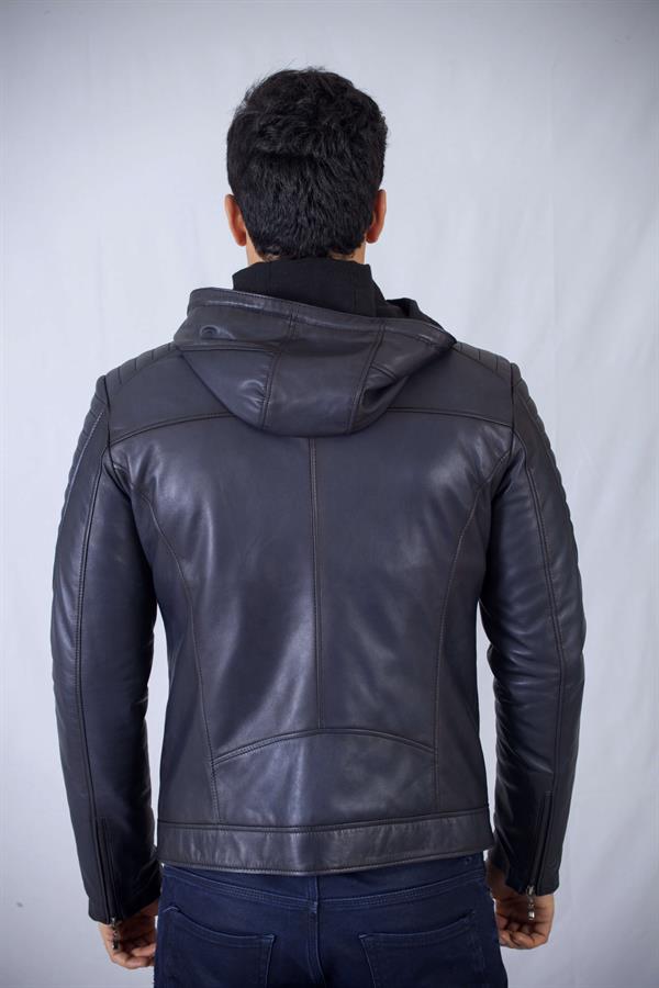 Kapşonlu Lacivert Kışlık Kuzu Deri Mont