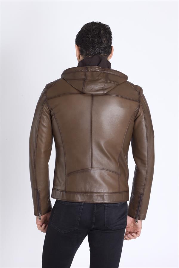 Kapşonlu Slim Fit Kışlık Hakiki Deri Mont