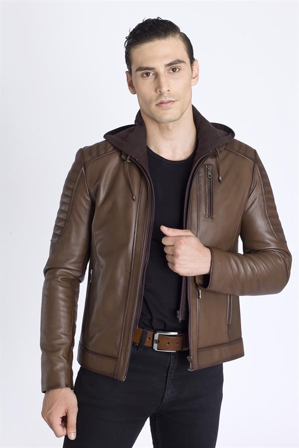 Kapşonlu Slim Fit Kışlık Hakiki Deri Mont