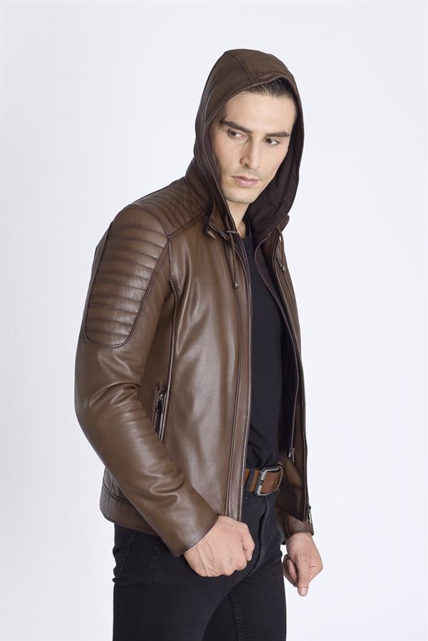 Kapşonlu Slim Fit Kışlık Hakiki Deri Mont