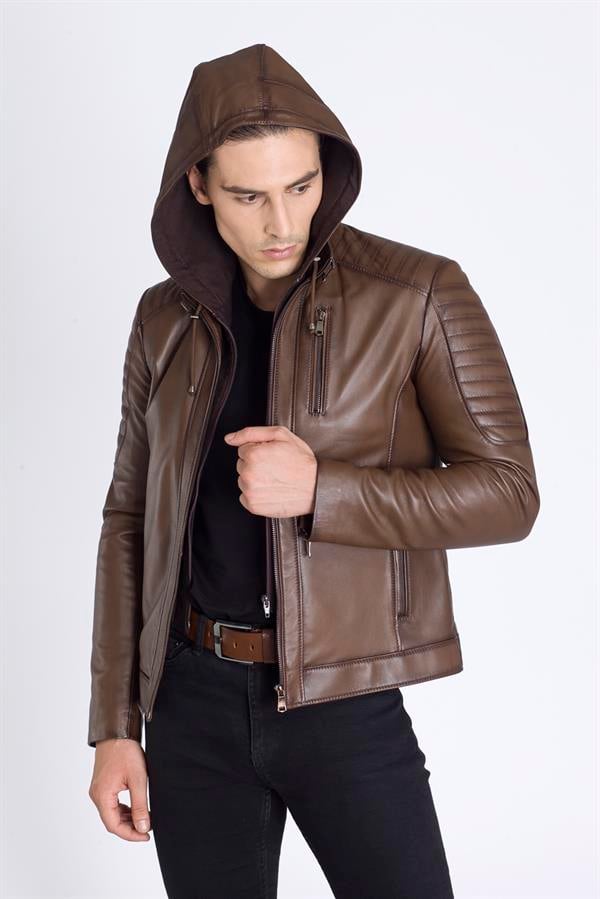 Kapşonlu Slim Fit Kışlık Hakiki Deri Mont