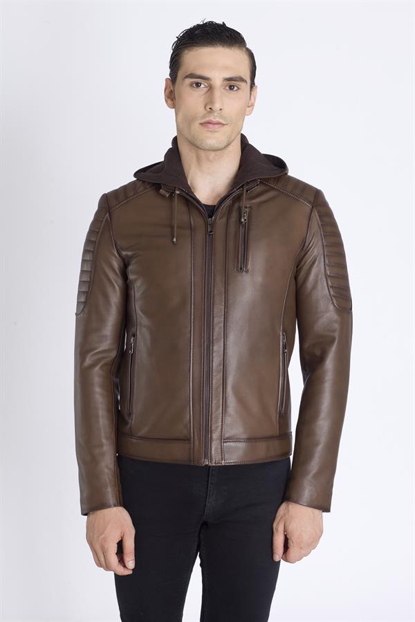 Kapşonlu Slim Fit Kışlık Hakiki Deri Mont
