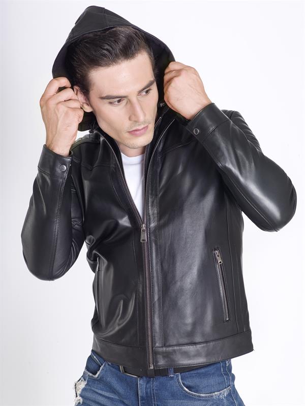 Kapşonlu Spor Hakiki Deri Ceket