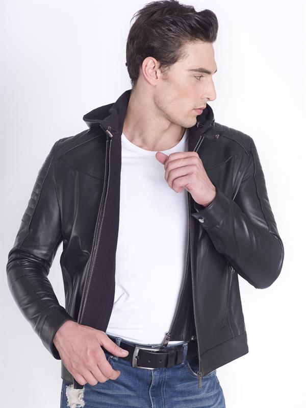Kapşonlu Spor Hakiki Deri Ceket