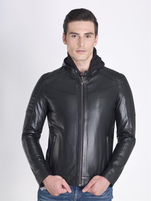 Kapşonlu Spor Hakiki Deri Ceket