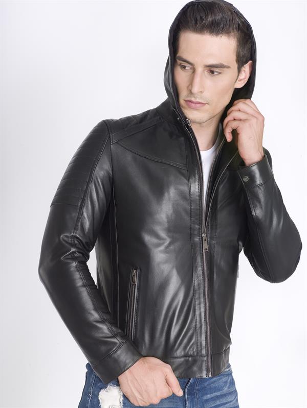 Kapşonlu Spor Hakiki Deri Ceket