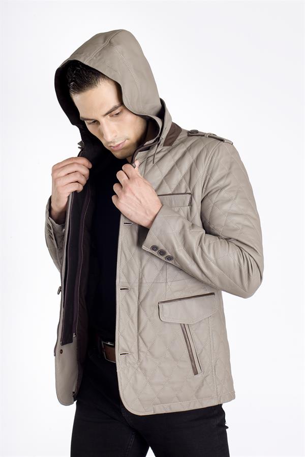 Kapşonlu Spor Hakiki Deri Ceket