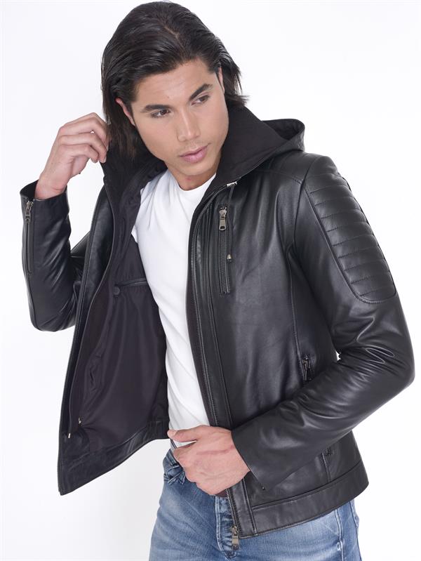 Kapşonlu Spor Kışlık Gerçek Deri Mont