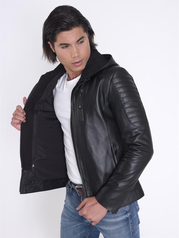 Kapşonlu Spor Kışlık Gerçek Deri Mont