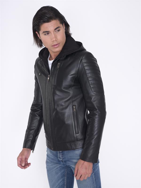 Kapşonlu Spor Kışlık Gerçek Deri Mont