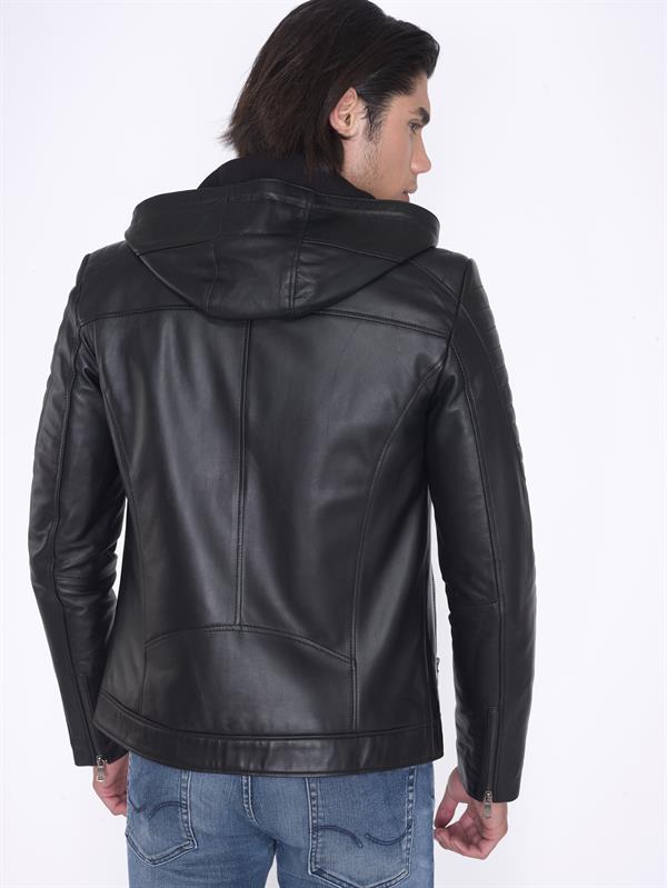Kapşonlu Spor Kışlık Gerçek Deri Mont