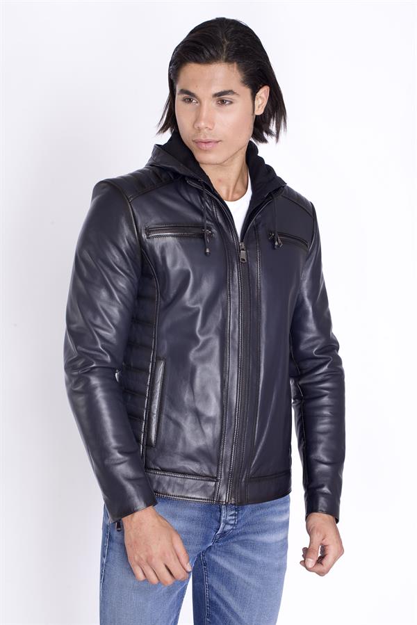 Kapşonlu Spor Kışlık Hakiki Deri Mont