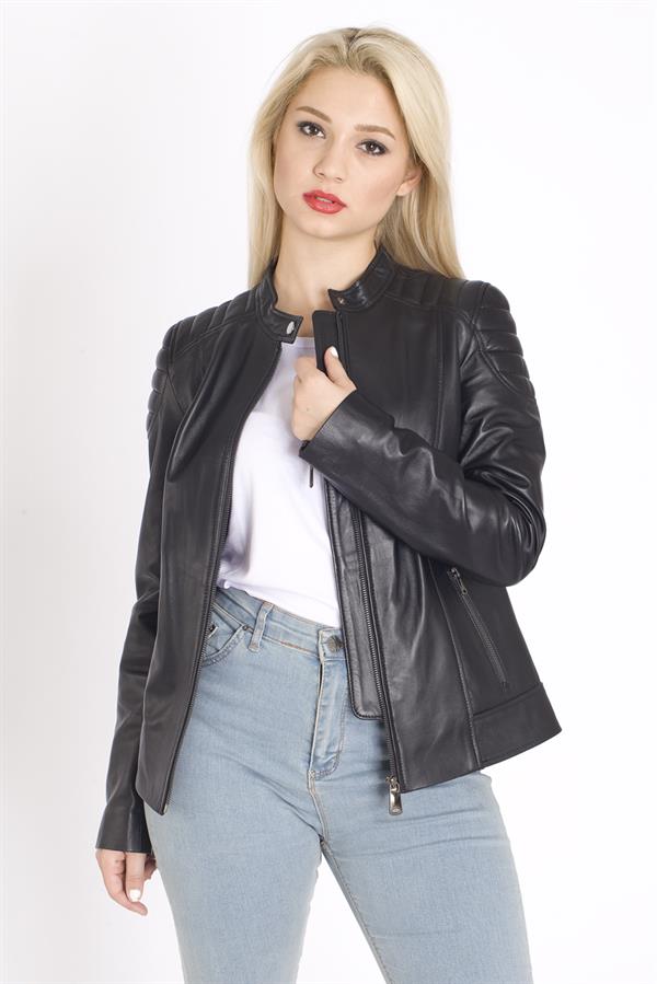 Kısa Hakim Yaka Gerçek Deri Mont