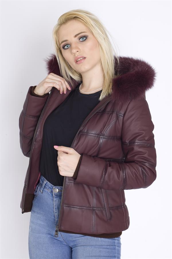 Kışlık Kapşonlu Bayan Deri Mont