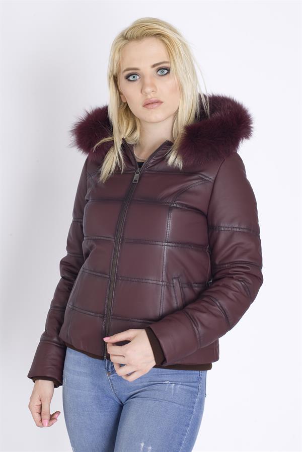Kışlık Kapşonlu Bayan Deri Mont