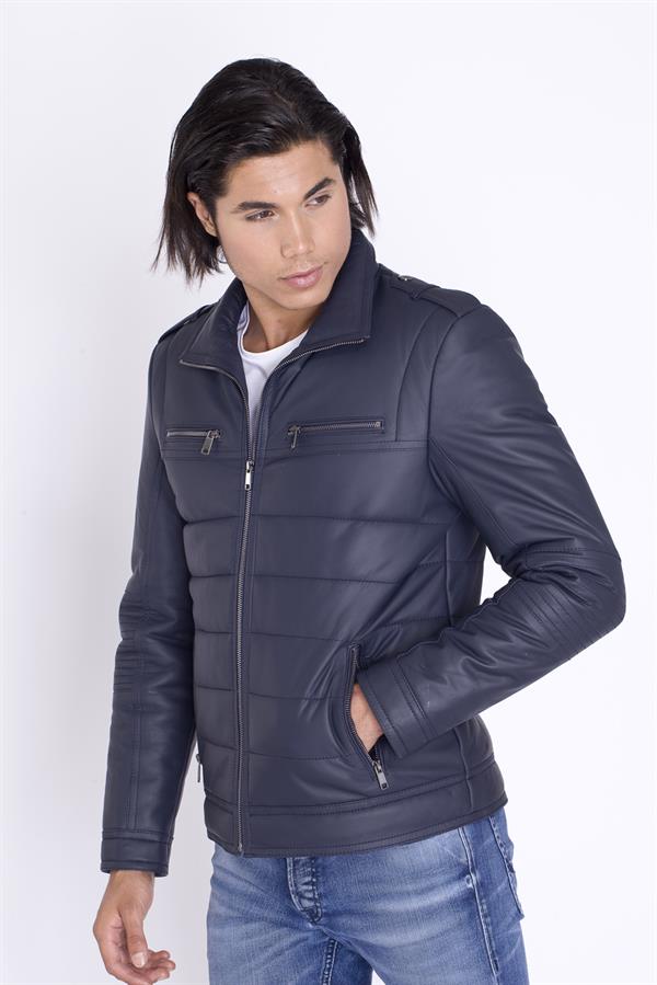 Kışlık Lacivert Şişme Orijinal Deri Mont