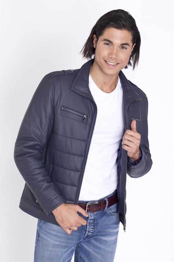 Kışlık Lacivert Şişme Orijinal Deri Mont