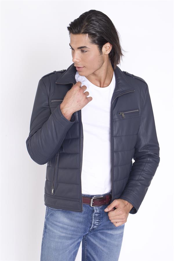 Kışlık Lacivert Şişme Orijinal Deri Mont