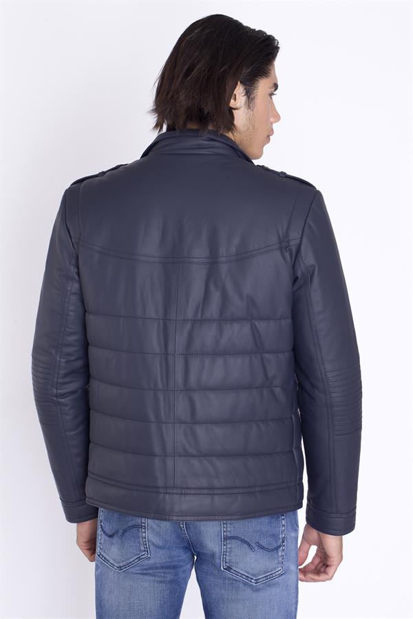 Kışlık Lacivert Şişme Orijinal Deri Mont