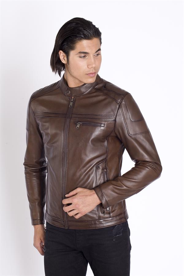 Kolu Fermuarlı Gerçek Deri Mont