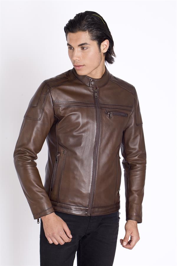 Kolu Fermuarlı Gerçek Deri Mont