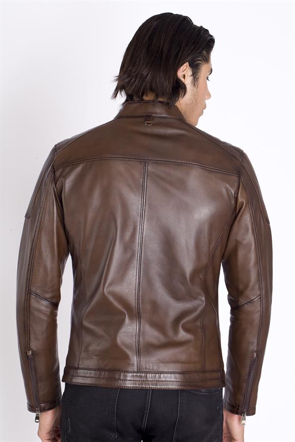 Kolu Fermuarlı Gerçek Deri Mont