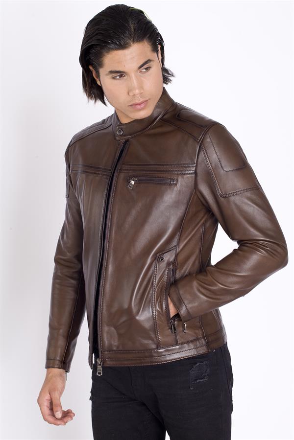 Kolu Fermuarlı Gerçek Deri Mont