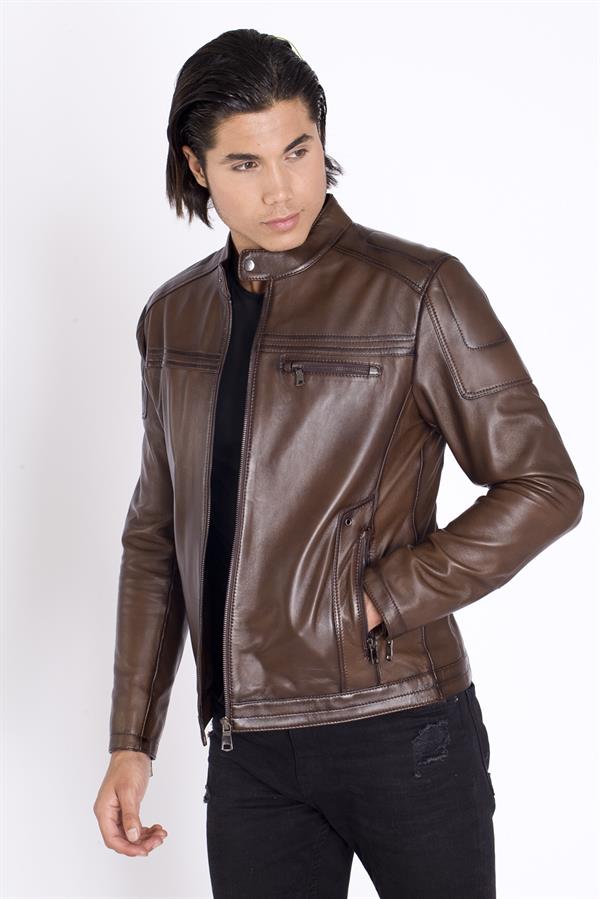 Kolu Fermuarlı Gerçek Deri Mont