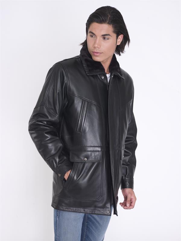 Kürklü Kışlık Siyah Gerçek Deri Kaban