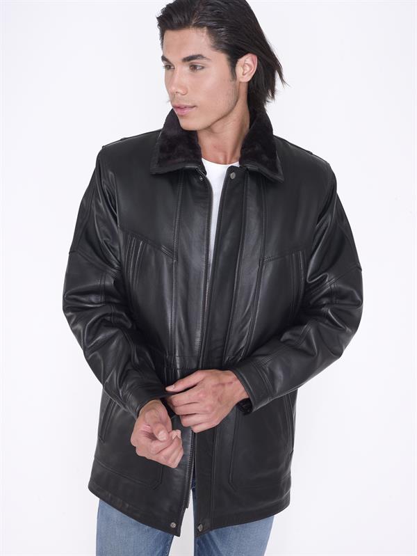 Kürklü Kışlık Siyah Gerçek Deri Kaban